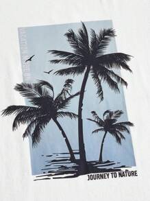 Manfinity BRENVOR Men Tropical Print Tee & Drawstring Waist Shorts, Vacation, Cozy Outfits - Dusty Blue - View 3