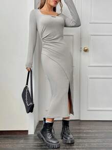 SHEIN EZwear Square Neck Wrap Hem Bodycon Dress - Grey - View 6