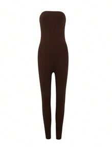 SHEIN BAE Solid Tube Unitard Jumpsuit - Coffee Brown - View 4