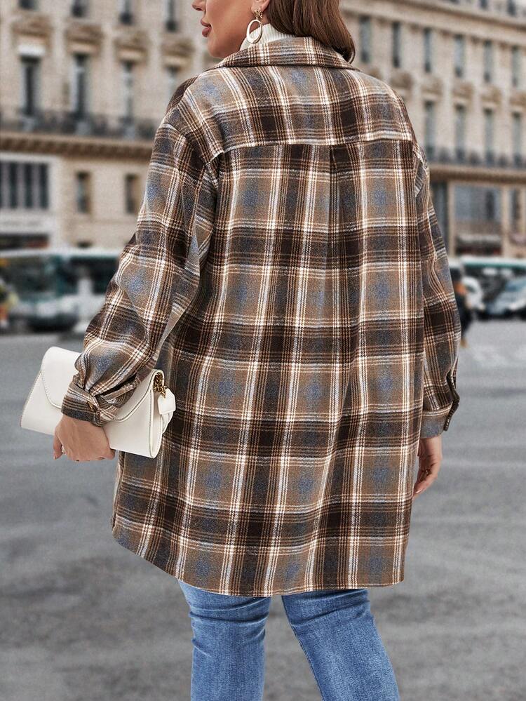 Plus Plaid Print Drop Shoulder Flap Pocket Overcoat