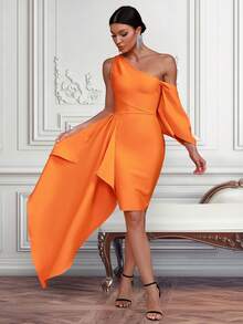 Asymmetrical Neck Draped Side Bodycon Dress - Orange - View 3