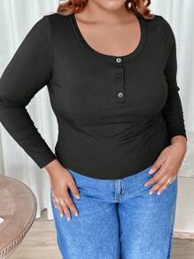 SHEIN CURVE+ Plus Button Front Ribbed Knit Tee - Black - View 4