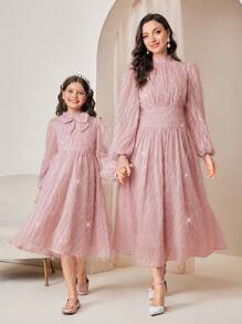 SHEIN Tween Girl Bow Front Lantern Sleeve Fuzzy Dress - Pink - View 6