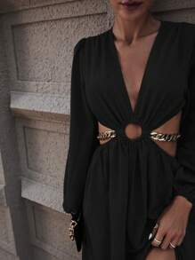SHEIN Clasi Đầm Maxi hở eo tay đèn lồng xẻ đùi trang phục dành cho nữ - màu đen - Xem 5