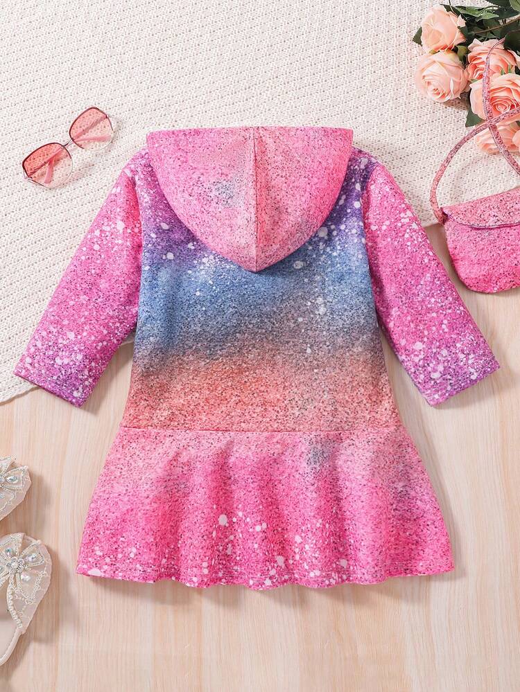Young Girl Ombre Print Hooded Ruffle Hem Dress With Bag