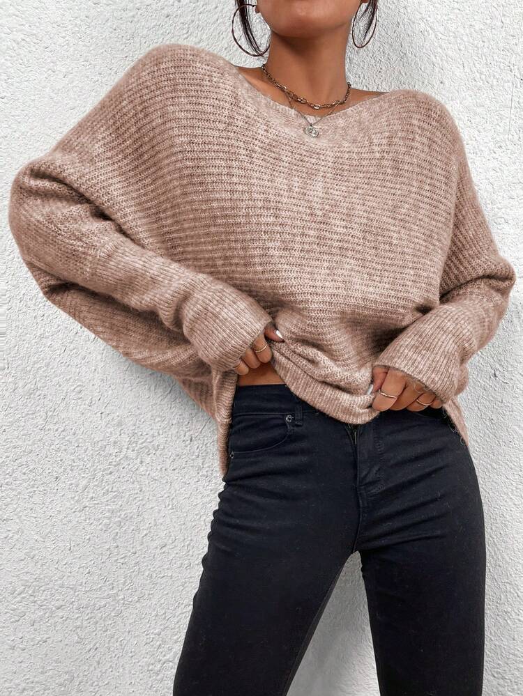 Asymmetrical Neck Batwing Sleeve Knit Pullover Fall Winter Sweater