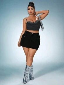 SHEIN ICON Plus Flap Pocket Denim Skirt - Black - View 6