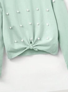 SHEIN Leap Crew Tween Girl Pearls Beaded Knot Hem Tee - Green - View 4