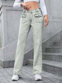 SHEIN Privé Flap Pocket Straight Leg Jeans - Green - View 4