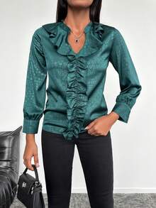 EURMUSE Blusa jacquard ribete con fruncido de satén - Verde Oscuro - Ver 4