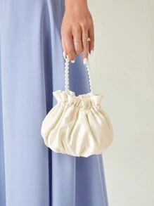 SHEIN Belle 幾何格紋公主人造珍珠和水鑽珍珠鏈條和裝飾迷你緞面手提包珍珠手柄抽褶細節適合派對,婚禮,舞會和晚餐,口紅,女士珍珠包