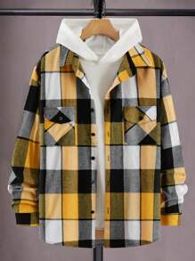 Manfinity Hypemode 男士鬆身格紋印花衫,帶扣式口袋,肩線下垂,無連帽設計 - 黃色 - 查看 1