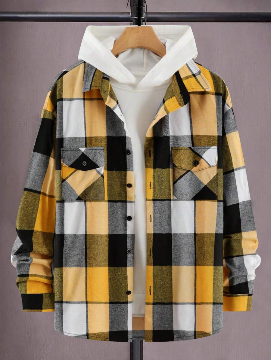 Manfinity Hypemode 男士鬆身格紋印花衫,帶扣式口袋,肩線下垂,無連帽設計 - 黃色 - 查看 1