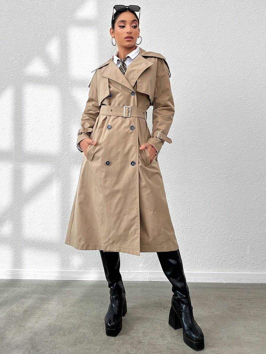 SHEIN Unity Đôi ngực Tự khóa Thắt lưng Áo khoác Trench - Màu be - Xem 1