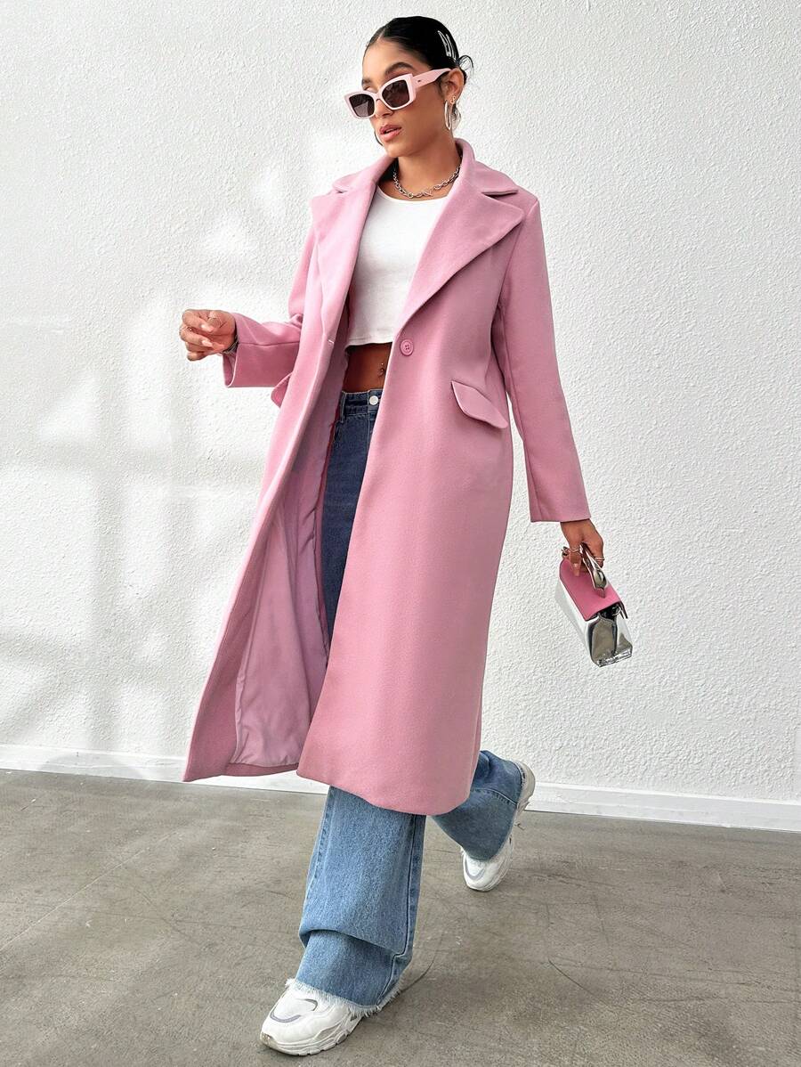 SHEIN Unity Lapel Neck Flap Detail Overcoat - Pink - View 1