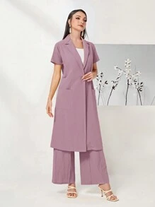 Seusyu Lapel Neck Dual Pocket Coat & Wide Leg Pants 2 Piece Set - Dusty Pink - View 4
