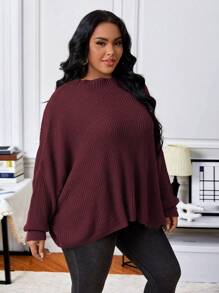 Calvaya Plus Batwing Sleeve Ribbed Knit Sweater - Burgundy - View 4