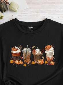 SHEIN EZwear Talla grande Camiseta calabaza con con estampado de café - Negro - Ver 4