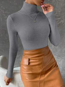 SHEIN Essnce Chất rắn Áo cao cổ Thon gọn Áo len - Màu Xám nhạt - Xem 1