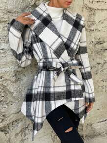 SHEIN Essnce Plaid Print Shawl Collar Asymmetrical Hem Belted Overcoat - Apricot - View 5