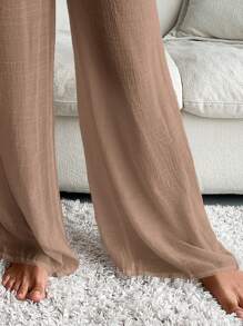 Elenzga 素色前繫帶闊腿罩衫長褲 - 卡其色 - 查看 4