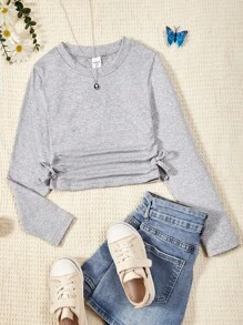 SHEIN Tween Girl Solid Ruched Knot Side Tee - Grey - View 1