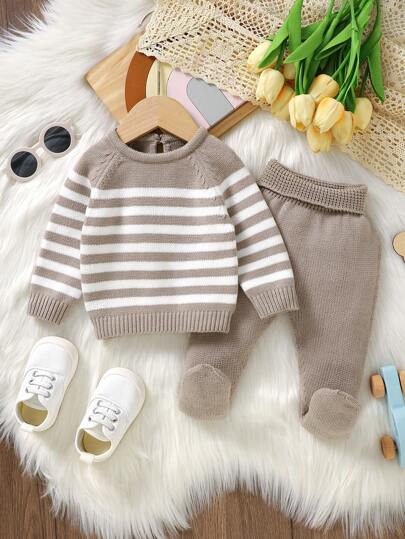 SHEIN Baby Girl Striped Pattern Raglan Sleeve Sweater & Footed Knit Pants