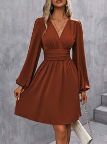 EMERY ROSE 交疊領燈籠袖抽褶腰洋裝 - 鏽棕色 - 查看 4