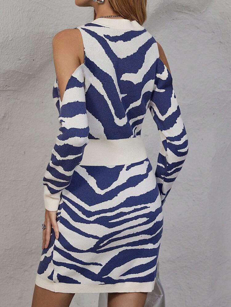 Zebra Striped Pattern Cold Shoulder Sweater Dress Fall Cloth For Women