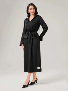 Seusyu Flap Pocket Belted Shirt Dress - Black - View 6