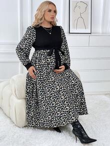 SHEIN Thai sản In hoa Báo Tay áo lồng đèn Váy có thắt lưng - Lạc đà - Xem 6