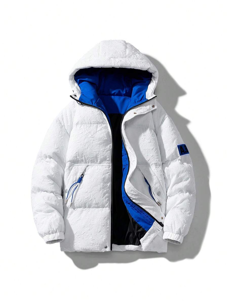 Men Letter Patched Zip Up Hooded Padded Coat - White - View 1