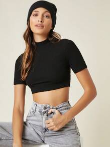 SHEIN BASICS 小高領羅紋針織短版上衣 - 黑色 - 查看 5