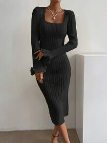 Chiquease Square Neck Flounce Sleeve Sweater Dress Fall Cloth For Women - Black - View 7