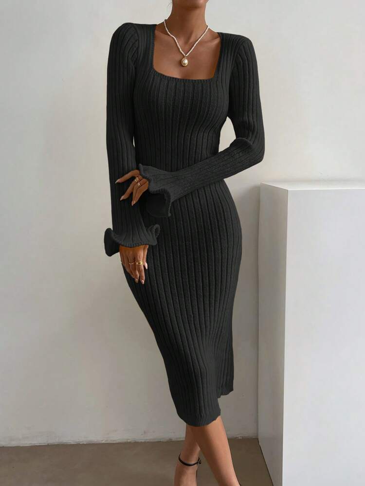 Square Neck Flounce Sleeve Sweater Dress Fall Cloth For Women