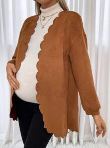 SHEIN Maternity Scallop Trim Open Front Coat - Brown - View 4