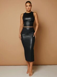 SHEIN BAE Solid Crop Tank Top & Pencil Skirt - Black - View 5