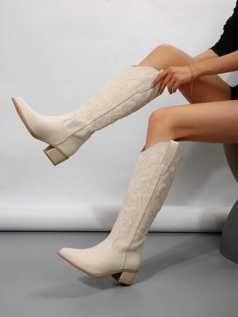 Fall/Winter 2025 Women's Vintage High-Top Linen Embroidered Western Cowboy Boots, Suitable For Hiking, Hunting, And Horseback Riding, Wooden Mid-High Chunky Heels With Pointed Toe Design
