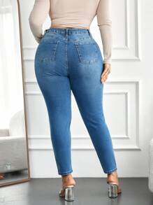 RueChic Plus Size  High Waist Skinny Jeans - Blue - View 2