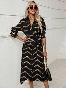 SHEIN Clasi Gold Chevron Print Knot Side Wrap Dress - Black - View 5