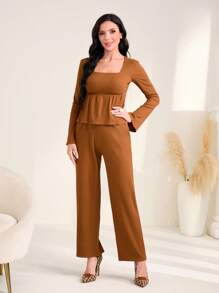 Seusyu 方领荷叶边上衣和裤子（无腰带）2 件套 - 咖啡棕 - 查看 6