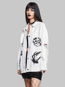 ROMWE PUNK Floral & Skeleton Graphic Ripped Drop Shoulder Denim Jacket - White - View 4
