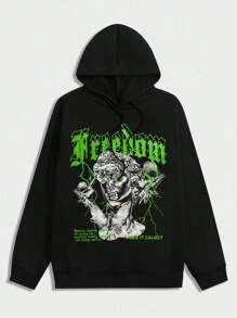 ROMWE MEN Street Life 男士字母人物圖案抽繩連帽衫 - 黑色 - 查看 1