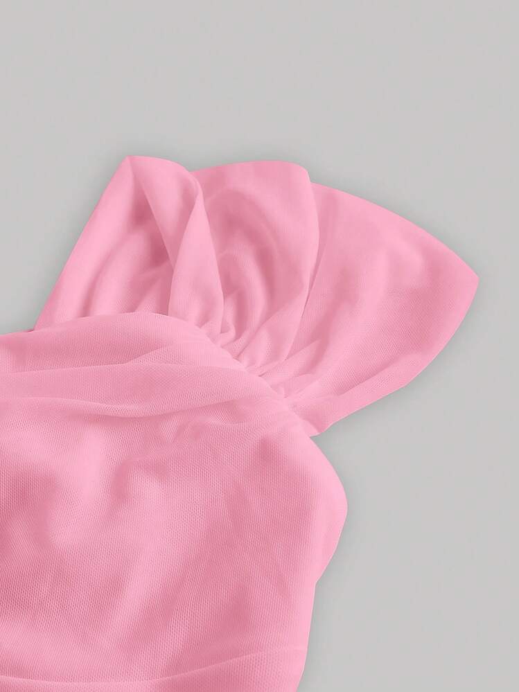 SHEIN MOD כתפיים חשופות כיווצי בד מכפלת מעוגלת חולצה חתוכה - ורוד - ראה 5