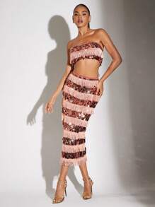 SHEIN BAE Sequin Tube Top & Layered Fringe Trim Skirt