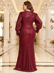 Plus Draped Detail Sequin Prom Dress - Burgundy - View 2