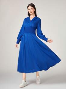 Solid Hooded Lantern Sleeve Dress - Blue - View 4