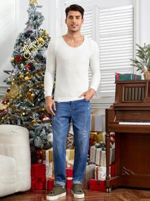 GENTILAND 男士素色V領套頭毛衣 - 白色 - 查看 6