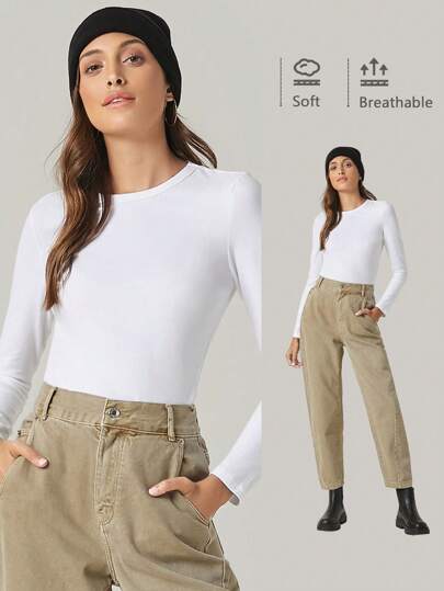 SHEIN BASICS Casual Versatile Solid Color Slim Fit Long Sleeve T-Shirt