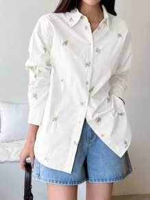 DAZY Floral Embroidery Drop Shoulder Button Front Shirt Long Sleeve Top - White - View 3